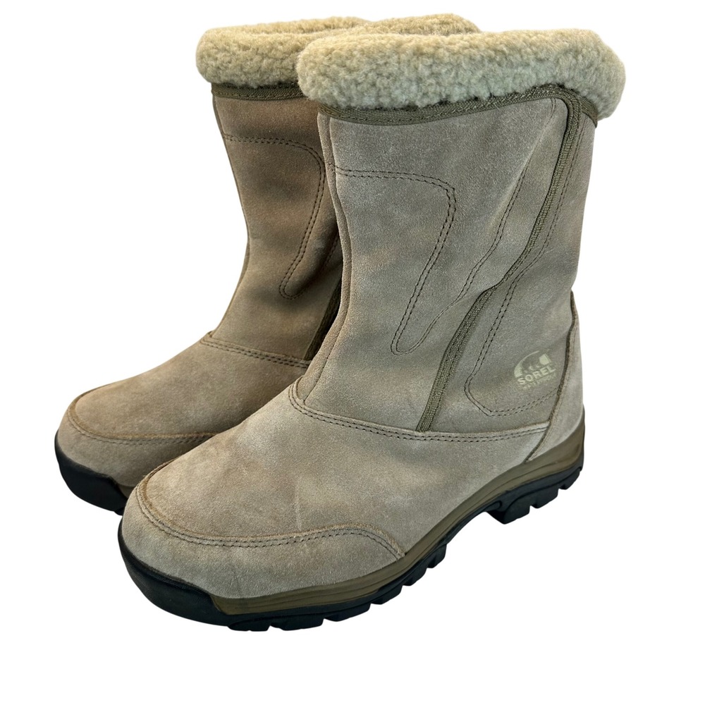 Sorel Waterfall Suede Waterproof Winter Boots Women's 8 Grey Faux Fur Snow